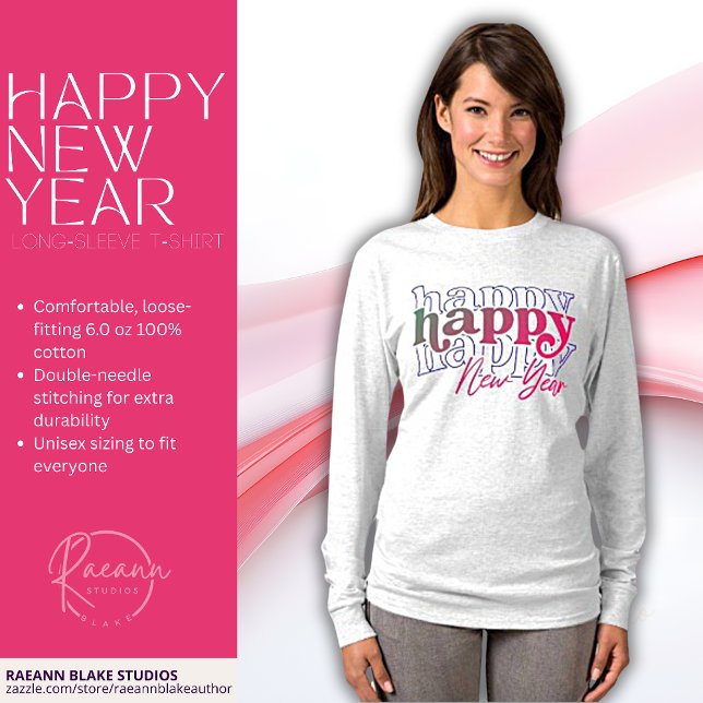 Pink Happy New Year gestapelt Long-Sleeve T - Shir T-Shirt (Von Creator hochgeladen)