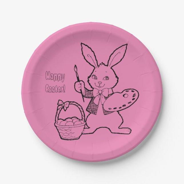 Pink Happy Oaster Bunny Painting Eggs Paper Teller (Vorderseite)