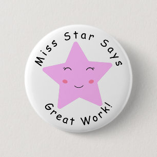 Pink Happy Star Girl Great Work Button