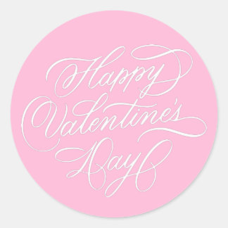 Pink Happy Valentines Day Elegant Calligraphy  Runder Aufkleber