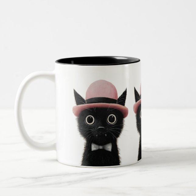 Pink Hat Purrfection Cute Black Cat  Zweifarbige Tasse (Links)