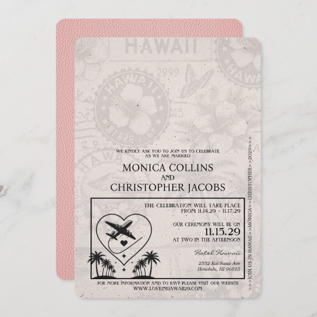 Pink Hawaii Pass Einladung zur Hochzeit (Vorne/Hinten)
