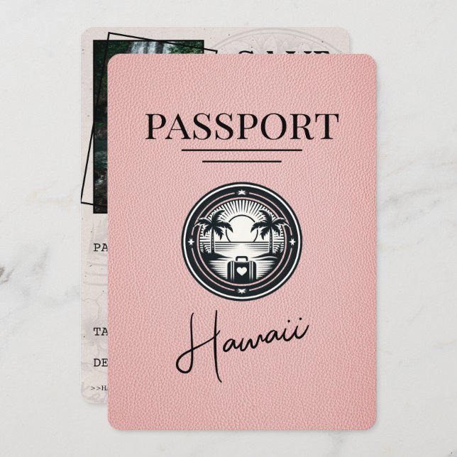 Pink Hawaii Passport Save the Date (Vorne/Hinten)