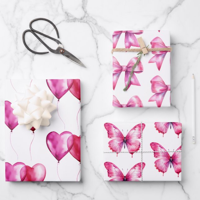 Pink Heart Balloons Geburtstag Geschenkpapier Set (Vorderseite)
