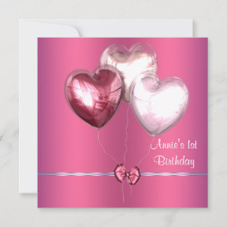 Pink Heart Balloons Girls 1. Geburtstag Party Einladung