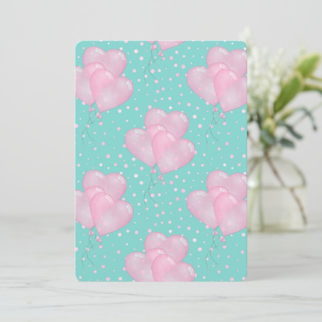 Pink Heart Baloon Einladung (Stehend Vorderseite)