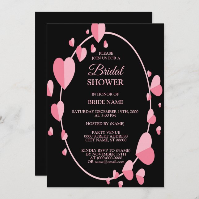 Pink Heart Black Geometric Bridal Shower Party Einladung (Vorne/Hinten)