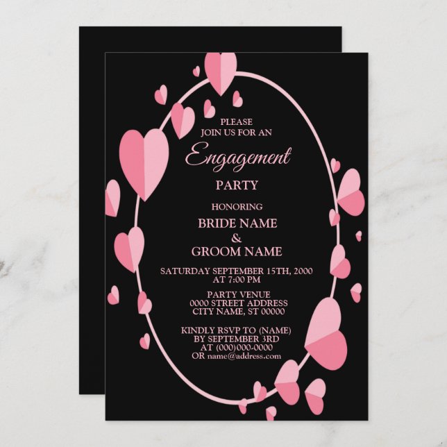 Pink Heart Black Geometric Engagement Party Einladung (Vorne/Hinten)