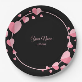 Pink Heart Black Geometric Wedding Party Elegant Pappteller