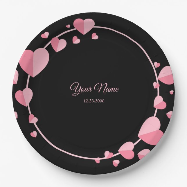 Pink Heart Black Geometric Wedding Party Elegant Pappteller (Vorderseite)