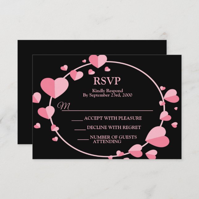 Pink Heart Black Geometric Wedding Party Elegant RSVP Karte (Vorne/Hinten)