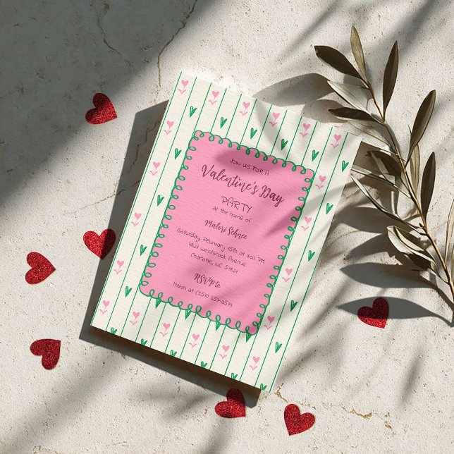 Pink Heart Blooms & Green Heart - Modern Valentine Einladung (Von Creator hochgeladen)