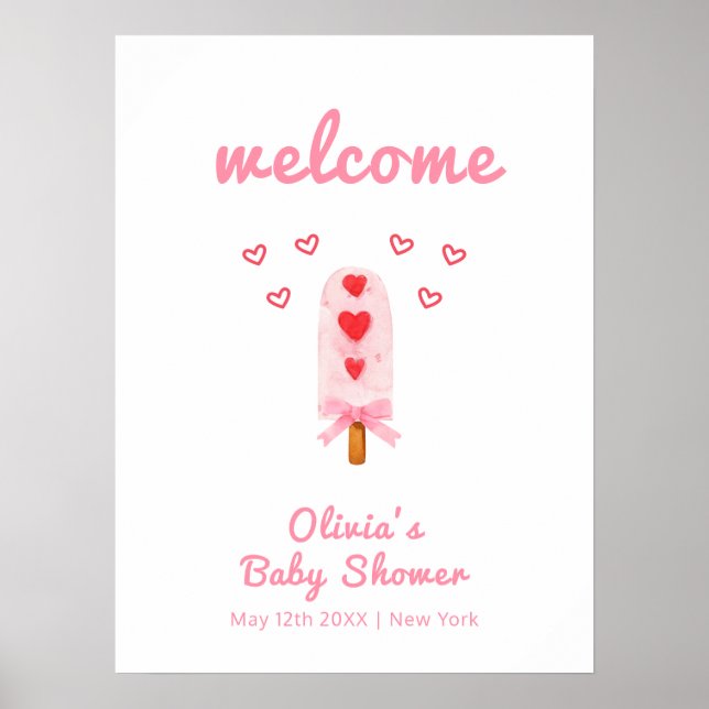 Pink Heart Bow Ice Cream Pop Baby Dusche Empfang Poster (Vorne)