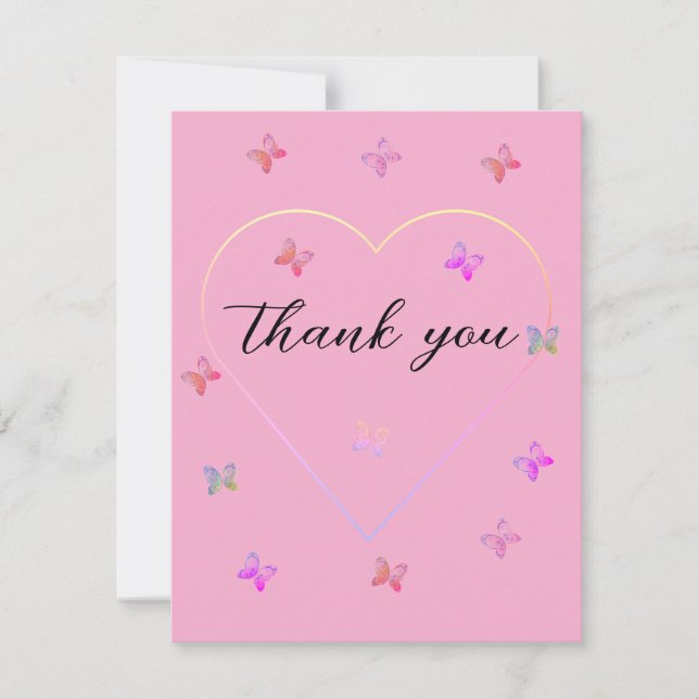 Pink Heart Butterfly Girl Dusche Dankeskarte (Vorderseite)