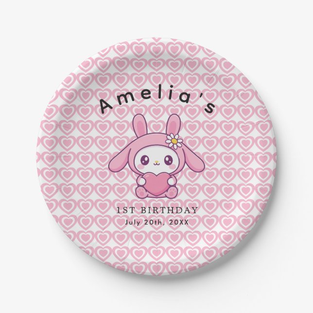 Pink heart Chic Bunny simple Girl Birthday Pappteller (Vorderseite)