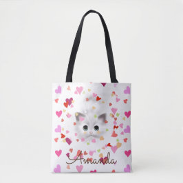 Pink Heart Confetti White Kitten Tote Bag