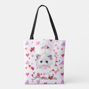 Pink Heart Confetti White Kitten Tote Bag