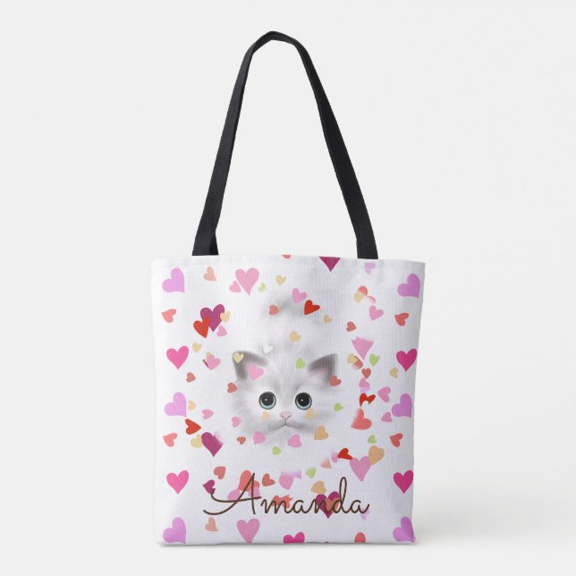 Pink Heart Confetti White Kitten Tote Bag (Rückseite)