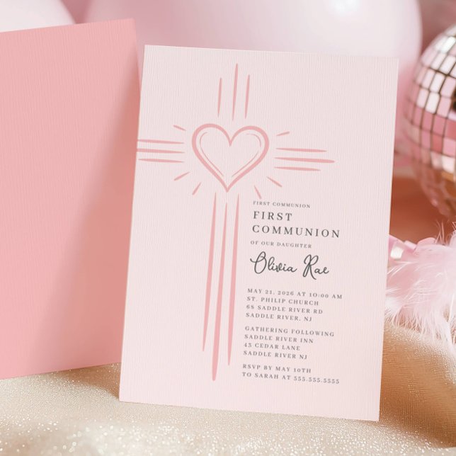 Pink Heart Cross First Communion Invitation Einladung (Von Creator hochgeladen)