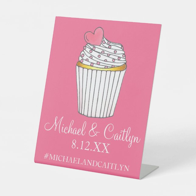 Pink Heart Cupcake Bridal Babydusche Hochzeit Sockelschild (Vorderseite)