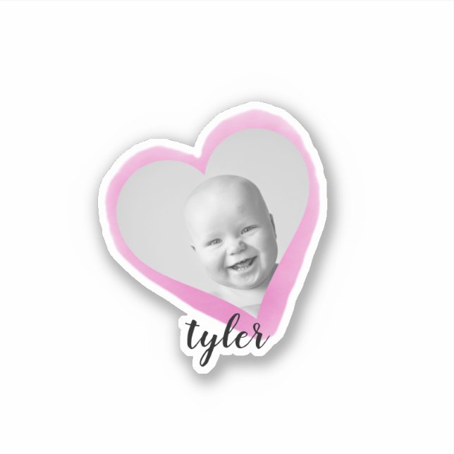 Pink Heart Custom Foto Name Watercolor Aufkleber (Vorderseite)