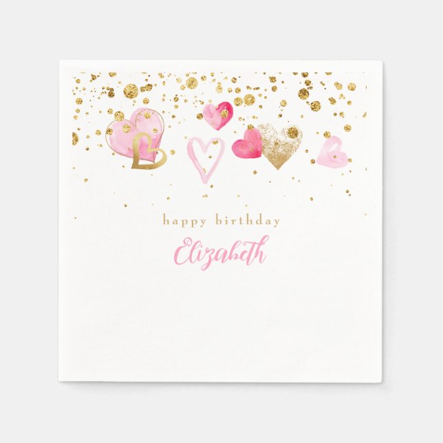 Pink Heart Custom Heart Birthday Cocktail Serviette (Vorderseite)