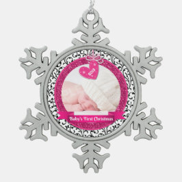 Pink Heart Damask Foto Baby's First Christmas Schneeflocken Zinn-Ornament