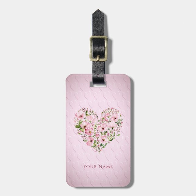 Pink Heart Floral Gepäckstück Tag Gepäckanhänger (Vorderseite vertikal)