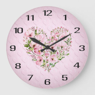 Pink Heart Floral Wall Clock Große Wanduhr