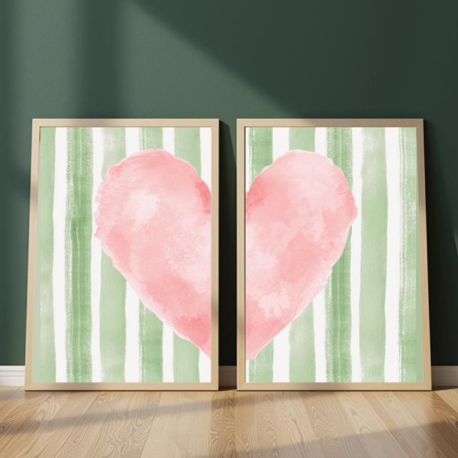 Pink Heart Green Stripes Watercolor, Cute Girly Bilderwand Sets (Von Creator hochgeladen)
