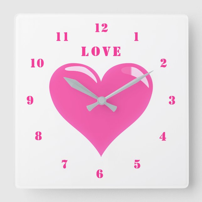 Pink Heart Love Clock Quadratische Wanduhr (Vorderseite)