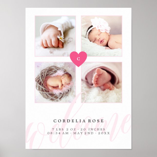 Pink Heart Monogram Baby Foto Collage Poster (Vorne)