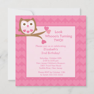 Pink Heart Owl Kids Birthday Invitation Einladung