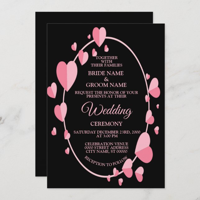 Pink Heart Pattern Black Geometric Elegant Wedding Einladung (Vorne/Hinten)