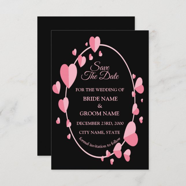 Pink Heart Pattern Black Geometric Elegant Wedding Save The Date (Vorne/Hinten)