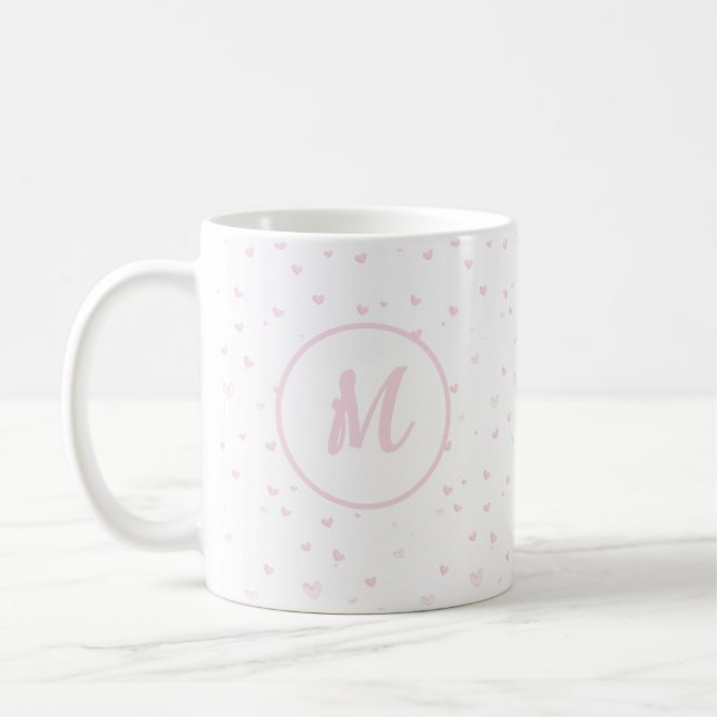 Pink Heart Pattern Girly Romantic Mit Monogramm Kaffeetasse (Links)