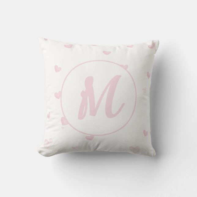 Pink Heart Pattern Girly Romantic Mit Monogramm Kissen (Vorderseite)