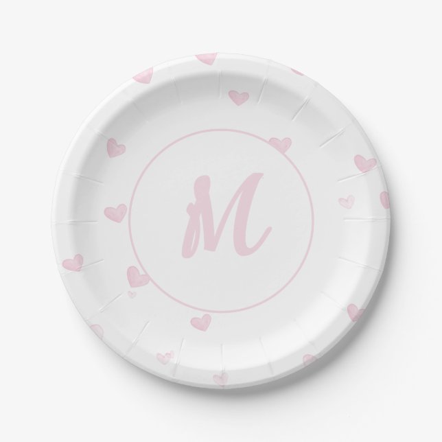 Pink Heart Pattern Girly Romantic Mit Monogramm Pappteller (Vorderseite)