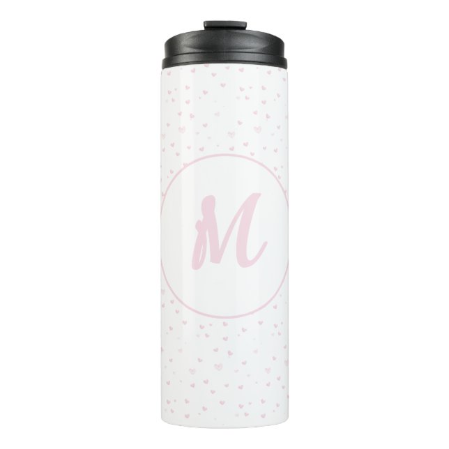 Pink Heart Pattern Girly Romantic Mit Monogramm Thermosbecher (Vorderseite)