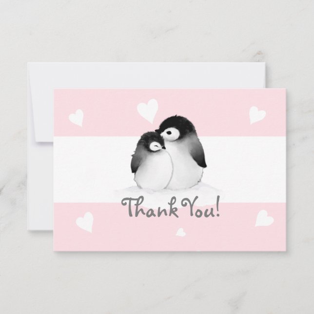 Pink Heart Penguin Danke Notenkarten Mitteilungskarte (Vorderseite)
