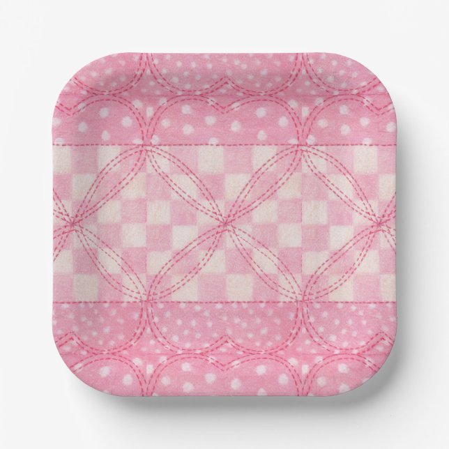 PINK HEART QUILT 7" Square Paper Teller (Vorderseite)
