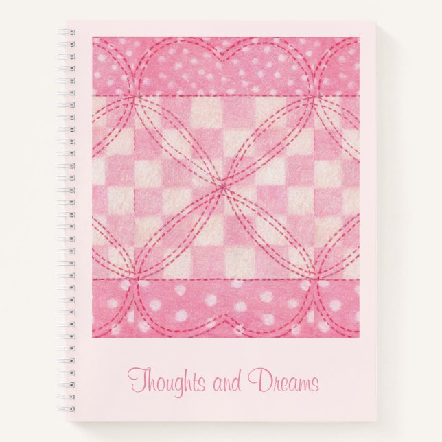 PINK HEART QUILT 8.5x11 Notebook + Text / Rosa Notizbuch (Vorderseite)