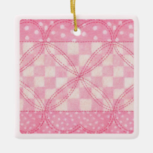 PINK HEART QUILT Keramik Quadrat Ornament / Pink