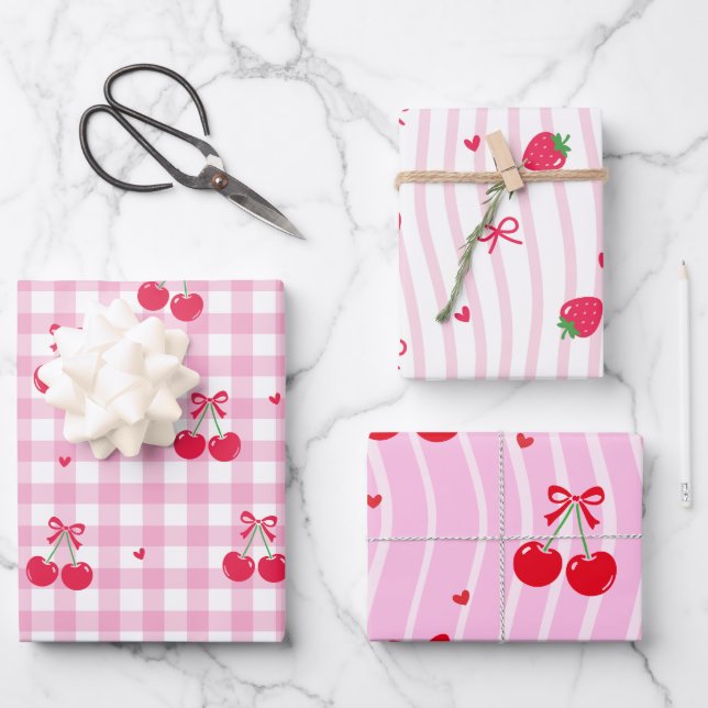 Pink Heart Ribbon Cherries Geschenkpapier Set (Vorderseite)