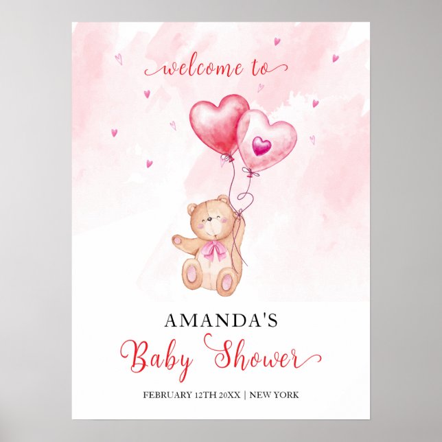 Pink Heart Teddy Bear Balloon Baby Dusche Willkomm Poster (Vorne)