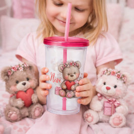 Pink Heart Teddy Bear Tumbler Illustration Acryltrinkbecher