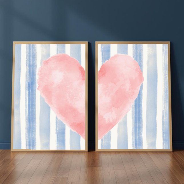 Pink Heart Watercolor, Aesthetic Blue Stripes Bilderwand Sets (Von Creator hochgeladen)