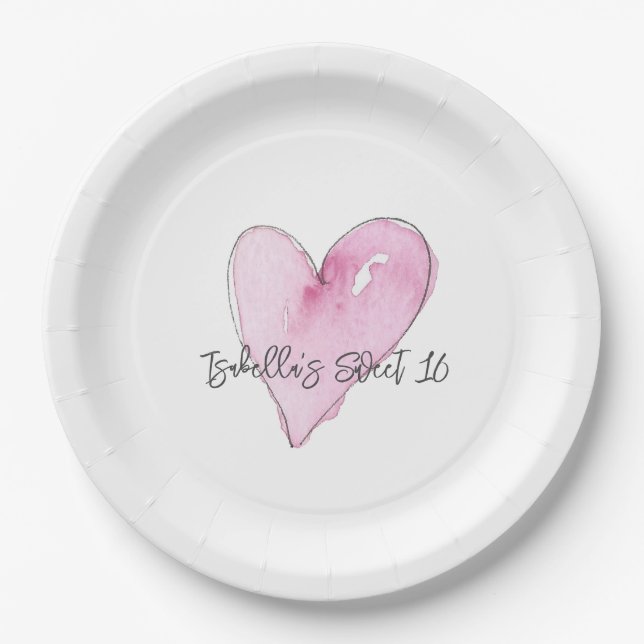 Pink Heart Watercolor Sweet 16 Birthday Name Sweet Pappteller (Vorderseite)