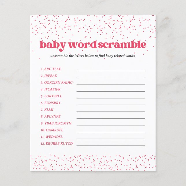 Pink Hearts Baby Dusche Word Scramble Game Flyer (Vorne)