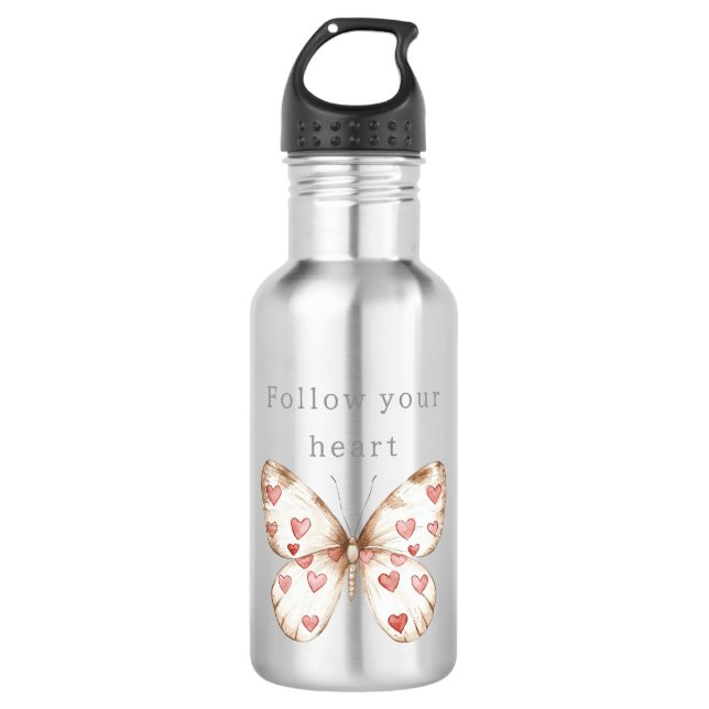 Pink Hearts Butterfly Edelstahlflasche (Vorderseite)